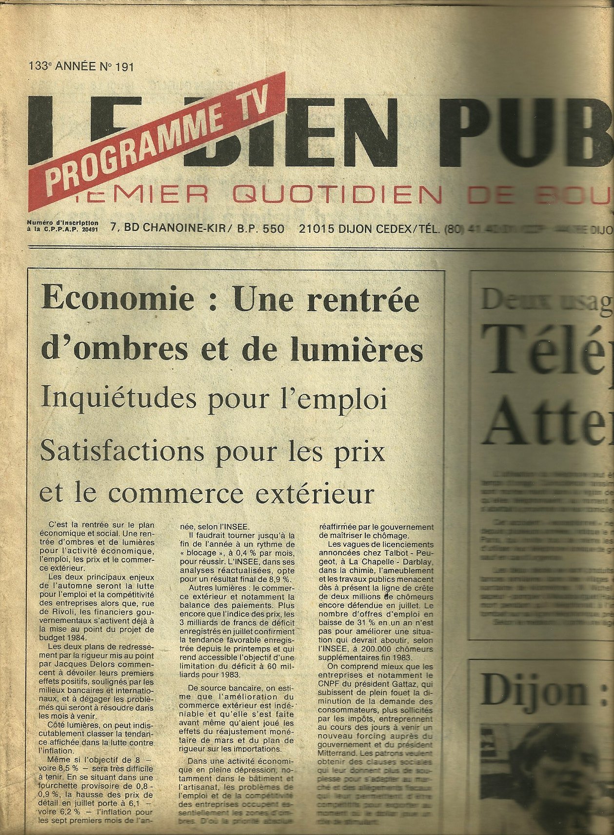 Le Bien Public Jeudi 18 Aout 1983 Emploi Prix Et Commerce