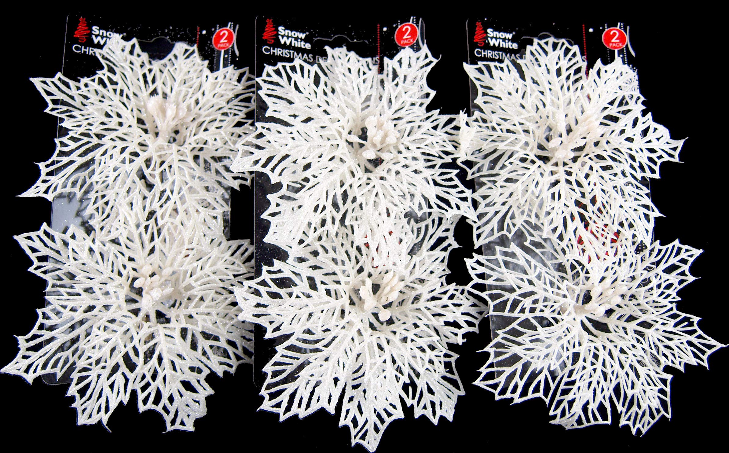 BWG Set Of 6 Large Glitter Poinsettia Clip On Christmas Craft/Tree Decorations - WHITE