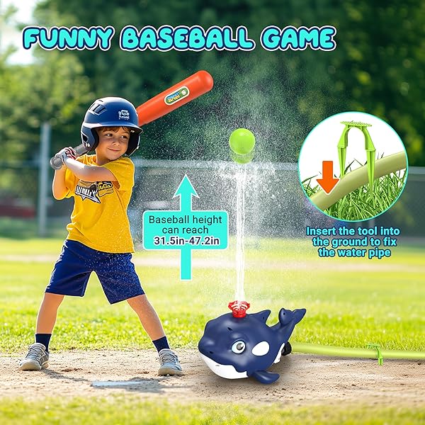 4-IN-1 WHALE WATER SPRINKLER BASEBALL SET FOR KID,SUMMER WATER TOY WITH 3 JETS, 4 BALLS AND ROCKET LAUNCH GAME, KIDS SPRINKLERS WITH 360° ROTATING SPRINKLER,OUTDOOR WATER TOYS FOR KIDS AGE 3+ YEARS