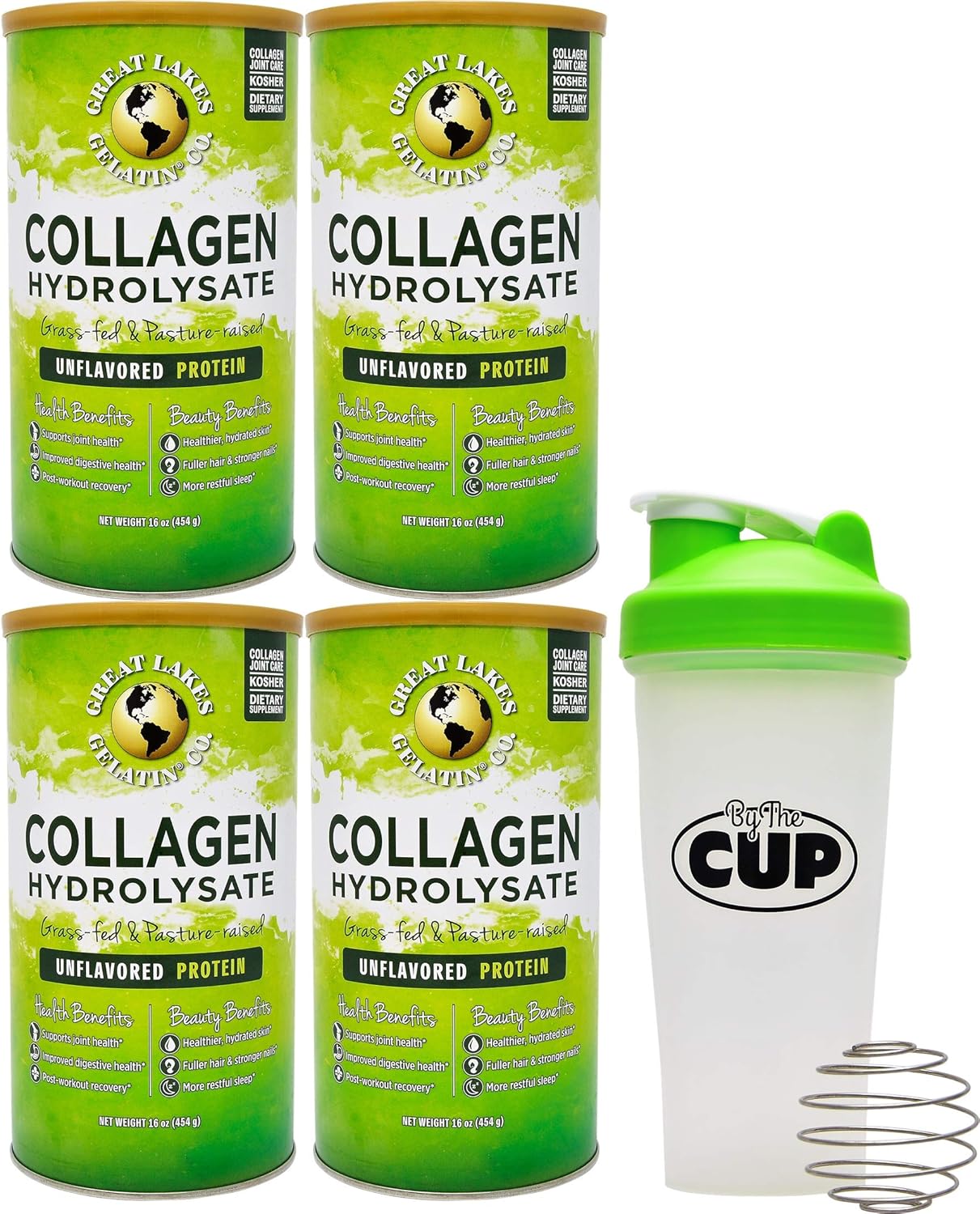Great Lakes Gelatin, 4 Pk Collagen Hydrolysate 16 - Ounce Cans and by The Cup Shaker Combo: Health & Personal Care