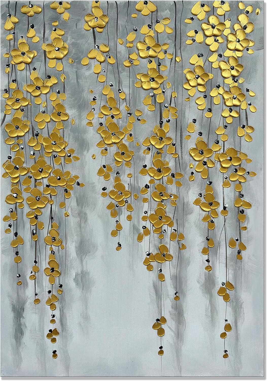 Paintings - zoinart 3D Modern Oil Painting on Canvas Hand Painted Abstract Flower Paintings Gold Floral Artwork Texture Vertical Canvas Wall Art Contemporary Art