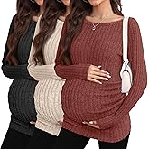 Sweetyweee 3 Pack Maternity Sweaters Long Sleeve Ribbed Maternity Shirts Lightweight Stretch Pregnancy Tops Winter Layering