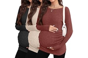 Sweetyweee 3 Pack Fall Maternity Shirts Long Sleeve Maternity Sweaters Boat Neck Ribbed Lightweight Pregnancy Winter Tops