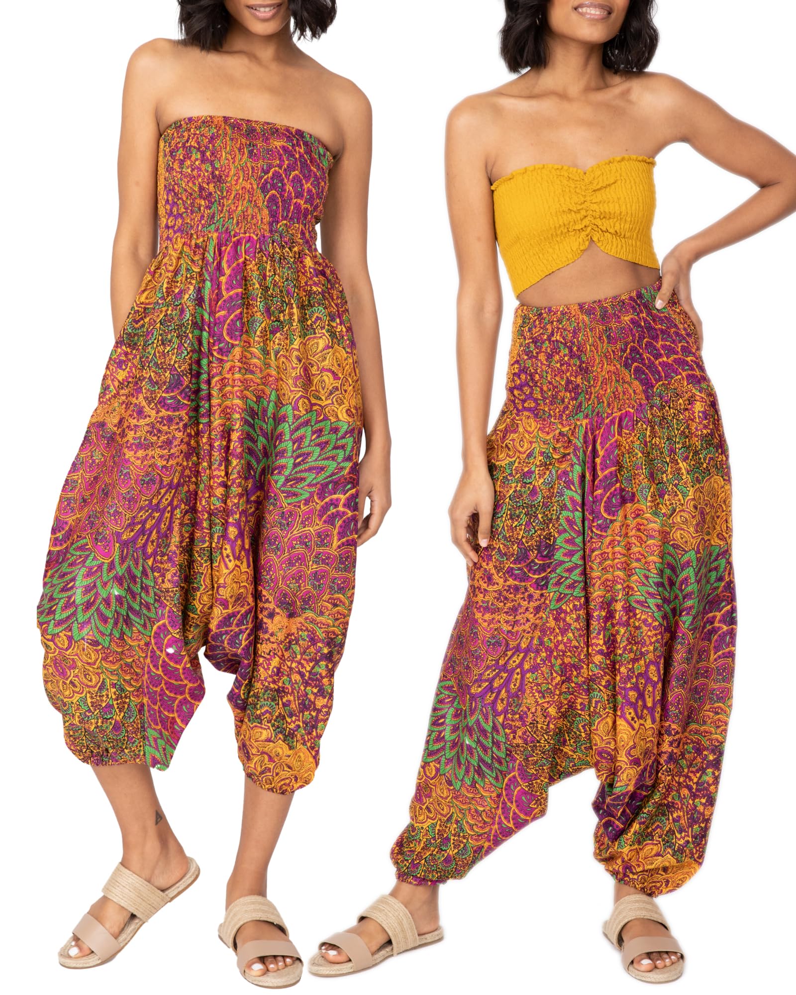 Peacock Print 2 in 1 Harem Trouser Jumpsuit Fuchsia (One Size Regular)