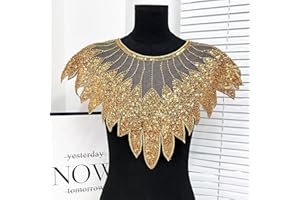 3D Beaded Embroidery Sequin Lace Applique Sew On Flower Fabric Collar Patch for Wedding Gown Dress Bridal DIY Crafts(Gold)