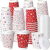 Shinymoon 50 Pack Winter Paper Coffee Cups with Lids 12 oz Snowflake Disposable Drinking Cups Insulated Corrugated Ripple Wall Drinkware for Xmas Winter Holiday Party Supplies (Red,White)