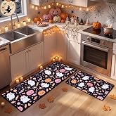 Pink Halloween Kitchen Rugs Set of 2 Non Slip Cute Ghost Runner Mats | Soft Velvet Surface With Premium TPR Non Slip Backing, Machine Washable, 17 x 30 + 17 x 47.2 In, For Halloween And Fall Decor