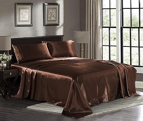 Amazon Com Satin Sheets Twin 3 Piece Brown Hotel Luxury Silky Bed Sheets Extra Soft 1800 Microfiber Sheet Set Wrinkle Fade Stain Resistant Deep Pocket Fitted Sheet Flat Sheet Pillow Cases Kitchen