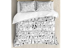 Ambesonne Pet Duvet Cover Set, Group of Dogs and Cats Animals Fun Happy Beings Cartoon Inspired Design, Decorative 3 Piece Bedding Set with 2 Pillow Shams, King Size, Black White