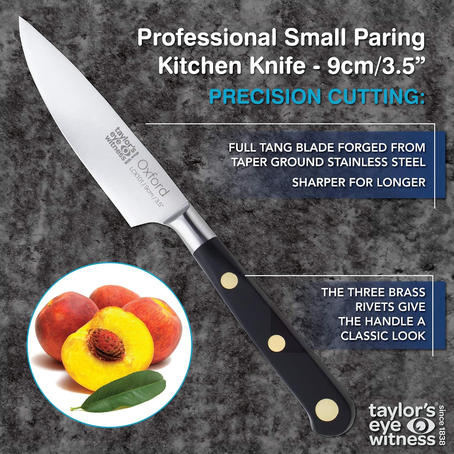 Taylors Eye Witness Oxford Professional Paring Knife, 9cm/3.5” Full Tang Blade from Graded Taper Ground Stainless Steel - Image 5