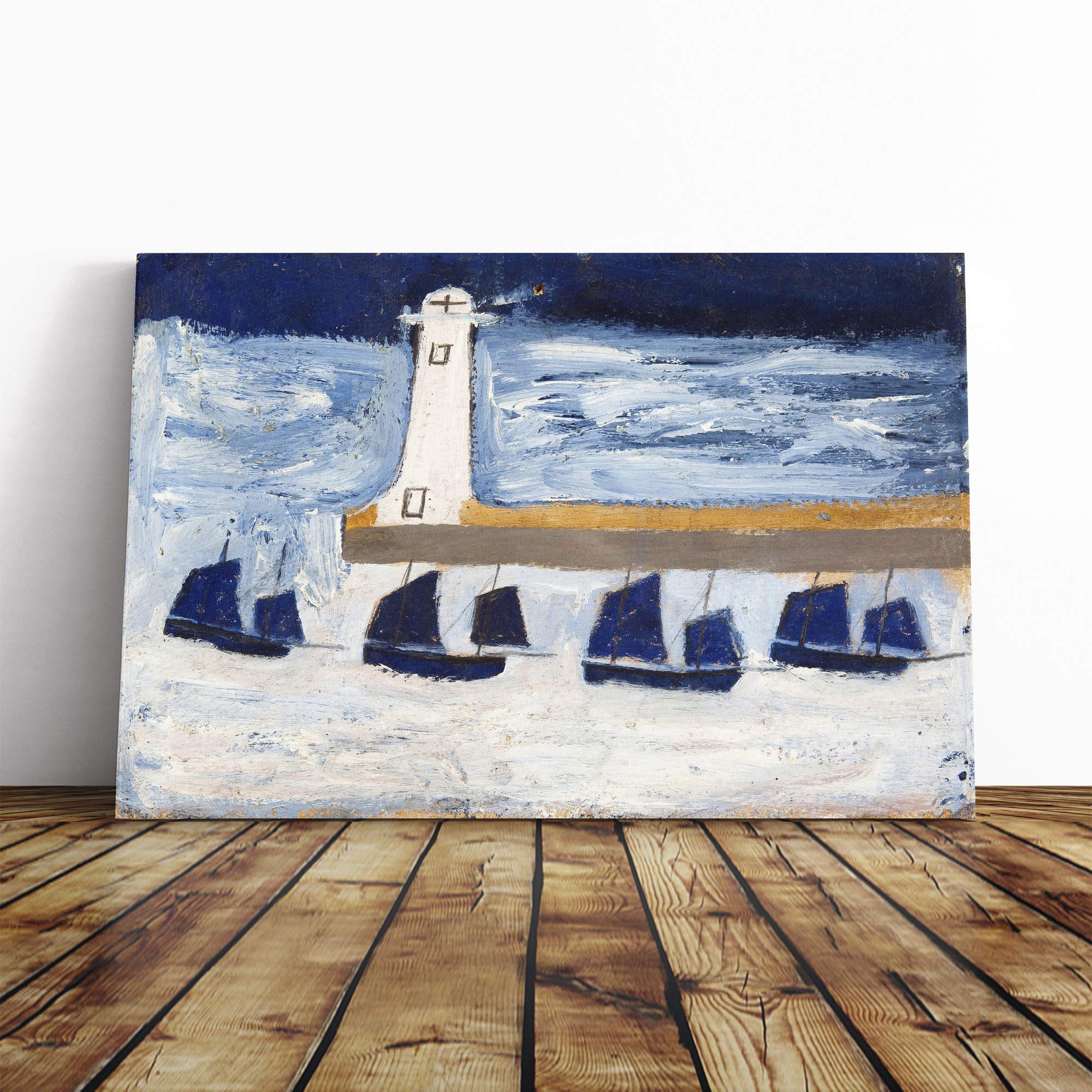 Alfred Wallis Four Luggars and a Lighthouse Canvas Print | Gallery Wrapped 30mm Frame Wall Art | 20x14 inches | Ready to Hang | Modern Seascape Picture | Living Room Bedroom Lounge Office