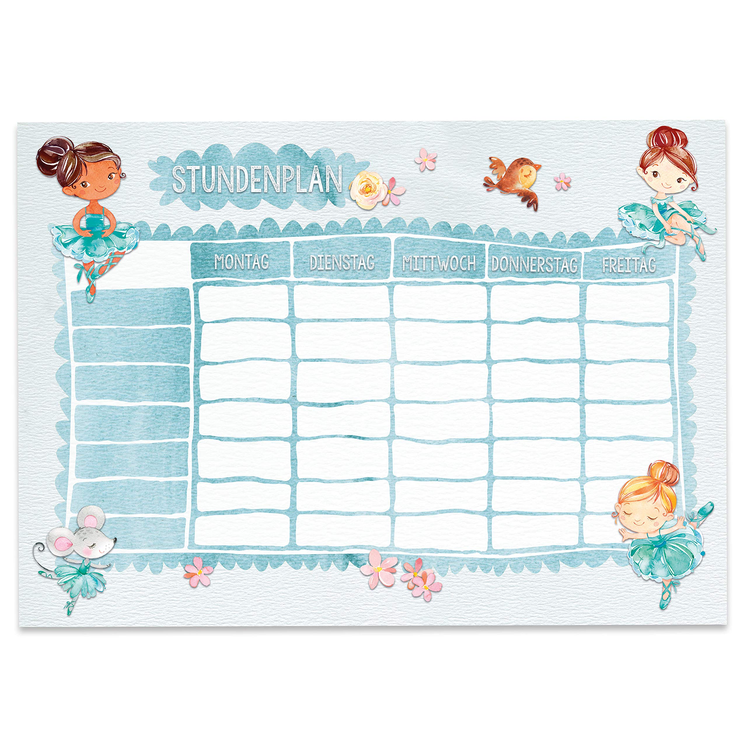 Papierdrachen Timetable DIN A4 Pad – Ballerina Motif – Can Be Written On School or University – Diary and Weekly Plan for Children