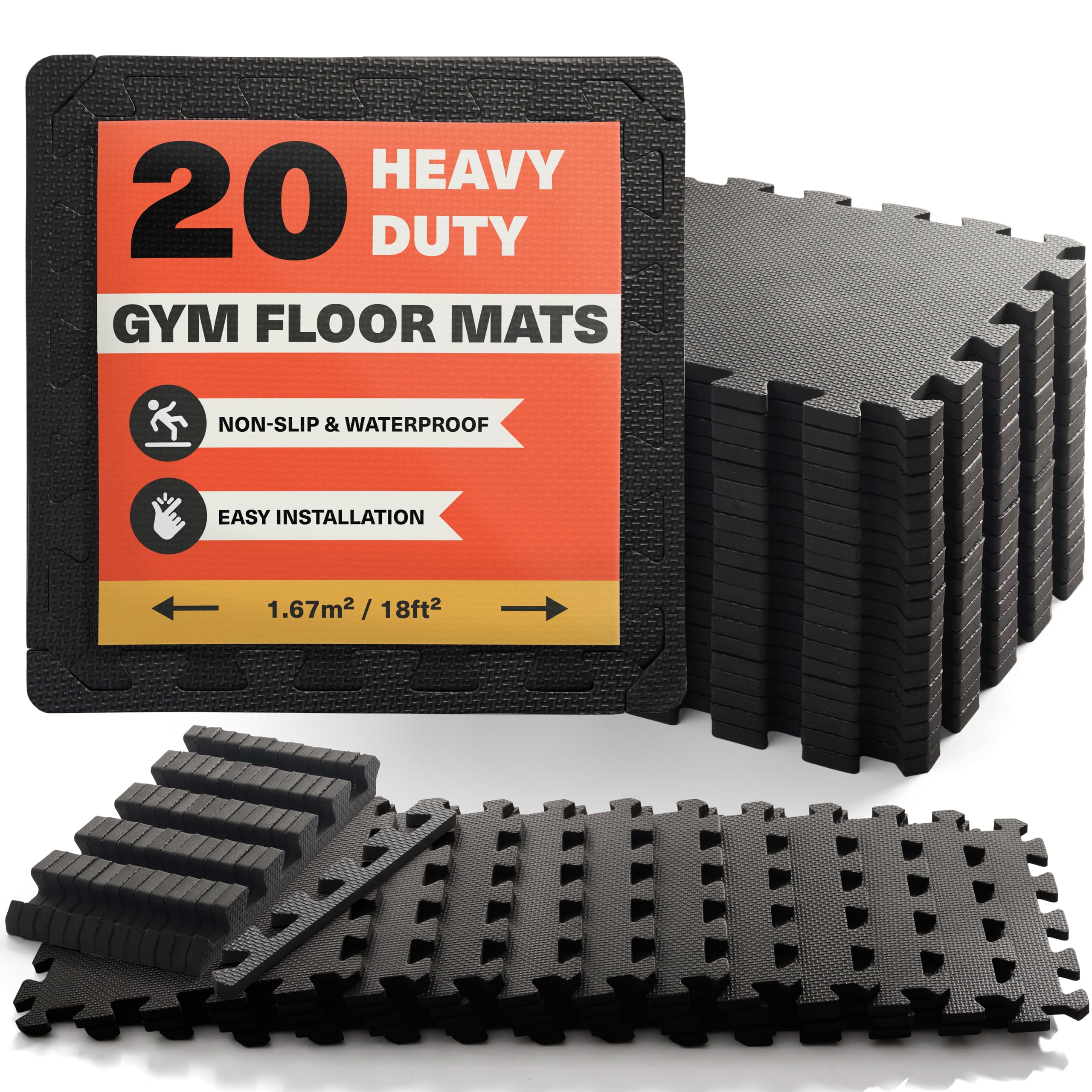 MATANA - 20 Pack Interlocking Foam Floor Mats - Home Exercise, Gym Flooring Tiles - 10mm Thick EVA Non-Slip Waterproof Mat Set - 30 x 30cm (1.67m² / 18ft²)