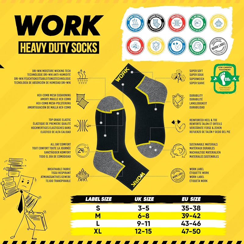 Chaussettes de travail mi-hautes noires homme | Technologie DRI-WIK d’évacuation de l’humidité | Semelle ultra douce et coussinée | Talon et pointe renforcés | WORK socks lot de 10 paires 43-46