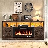 jiteentarou Farmhouse Fireplace TV Stand for 70/75/80 Inch TV, 32”Tall Entertainment Center w/ 36”Electric Fireplace and LED Light, 70”Media Console w/Barn Door Cabinet for Living Room, Brown