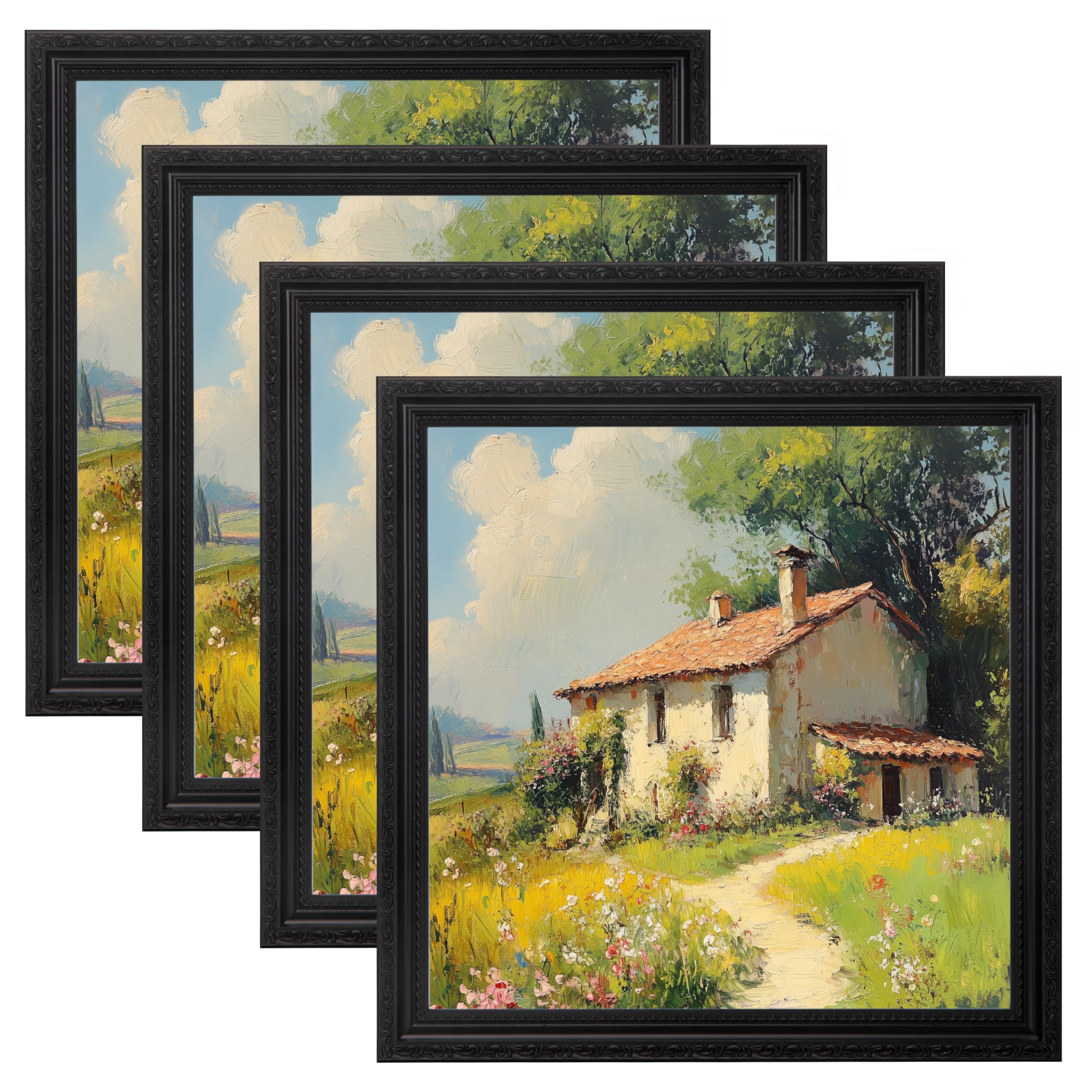 eletecpro 12x12 Picture Frames Set of 4, Vintage Frame with Glass Cover, Rustic Photo Frames 12 x 12 Display 8x8 Photo with Mat or 12x12 without Mat for Home Wall Decor, Black