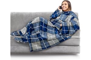 PAVILIA Fleece Blanket with Sleeves and Foot Pockets for Women Men Adults, Wearable Blanket Sleeved Throw Wrap, Plush Hug Sleep Pod Snuggle Blanket Robe, Cozy Gift Ideas Wife Mom, Plaid Navy Blue