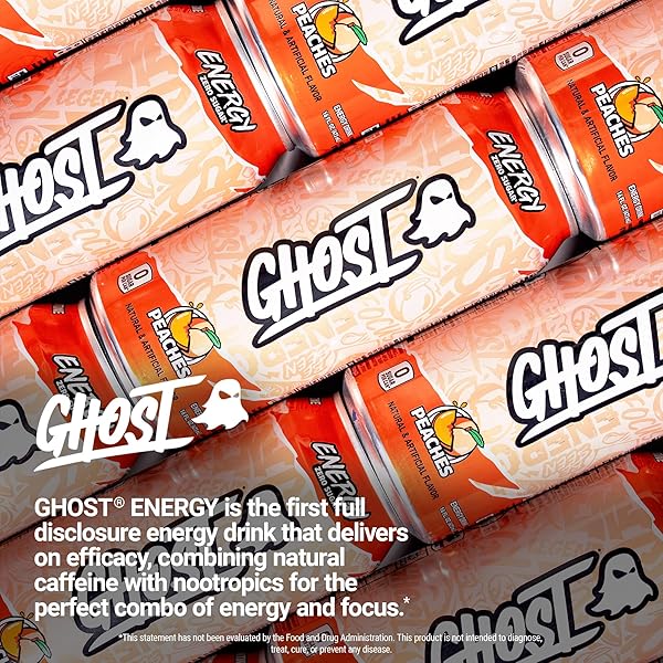 GHOST ENERGY DRINK – 12-PACK, PEACHES, 16OZ – ENERGY & FOCUS & NO ARTIFICIAL COLORS – 200MG OF NATURAL CAFFEINE, L-CARNITINE & TAURINE – GLUTEN-FREE & VEGAN