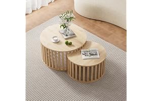 XUZENEST Fluted Nesting Coffee Table Set of 2, Modern Round Coffee Table Wood Grain Top with Strip Frame, Circular Side End Table with Storage for Living Room Bedroom Office (Natural)