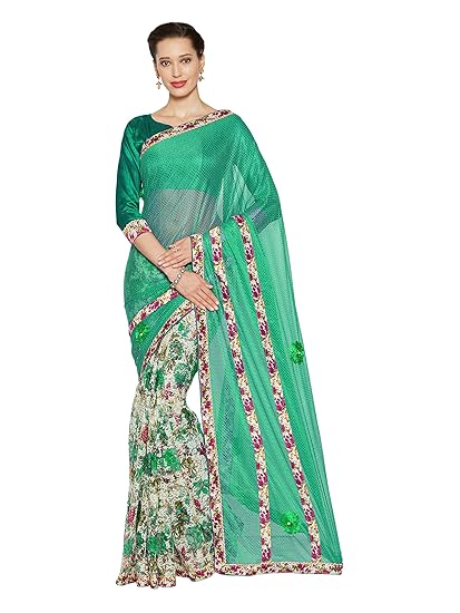 Womens Net Half N Half Floral Saree With Un-Stitched Blouse Fabric (3384 - Teal Green - Free Size)