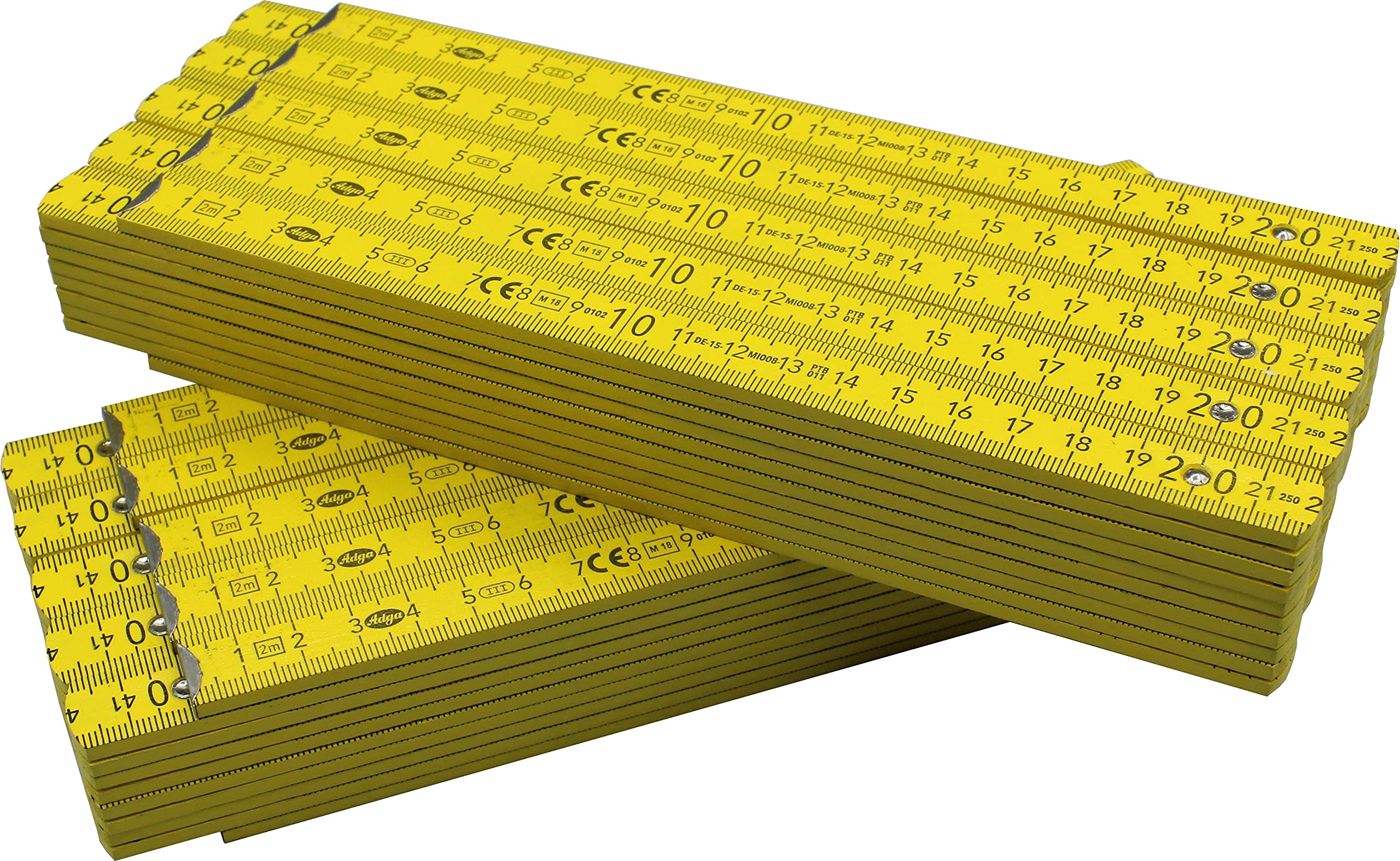 Adga 250 Folding Ruler 2 m with 90°/180° Angle Locking and Angle Scale (30°/45°/60°/75°/90°) – Pack of 10 – Adga 250 Plus Branded Folding Rule 2 m Made of Beech Wood – Yellow without Advertising Print
