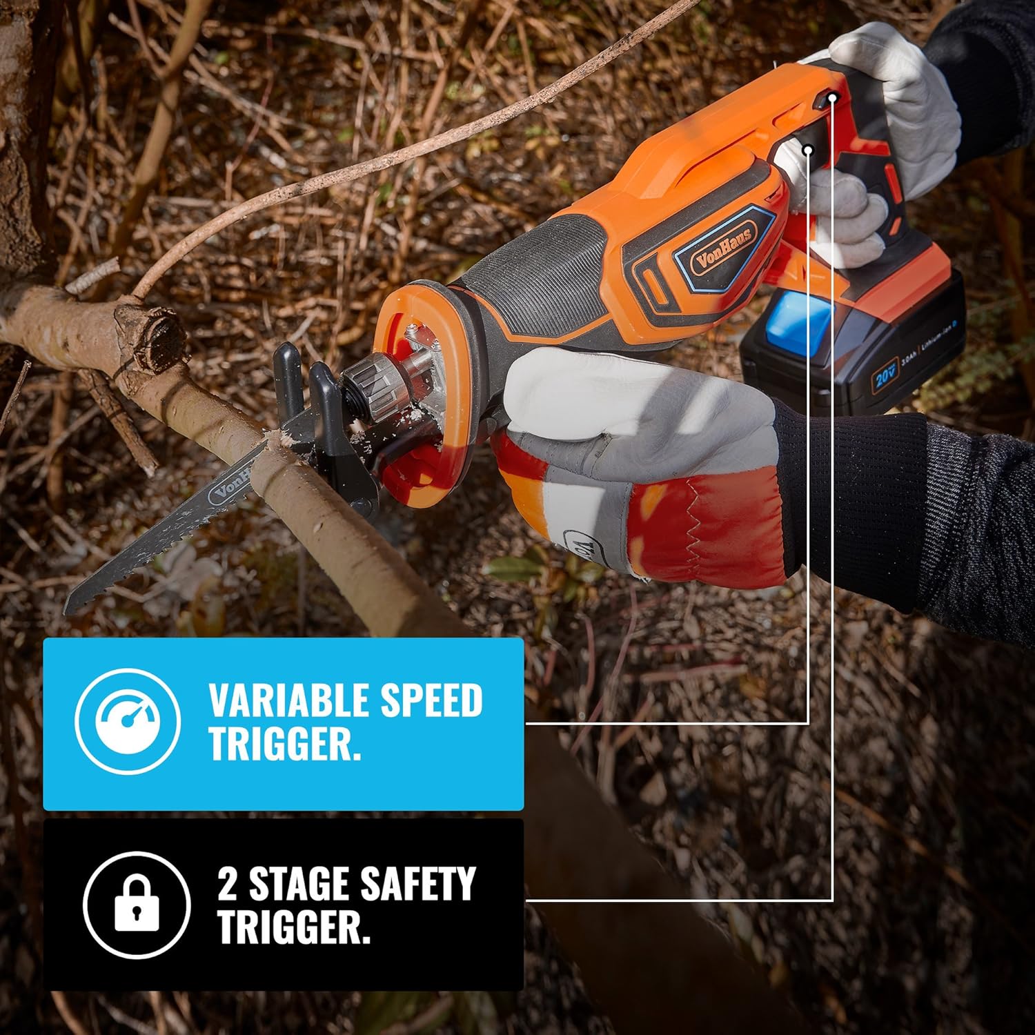 VonHaus Cordless Reciprocating Saw with 3.0Ah Liion 20V MAX Battery