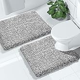 Yimobra Bathroom Rugs Sets 2 Piece, Soft Absorbent Bath Mat and U-Shaped Toilet Rug with Non Slip Backing, Machine Washable, Plush Shaggy Bath Mats for Bathroom, 24"x17"+24"x20", Light Gray and White