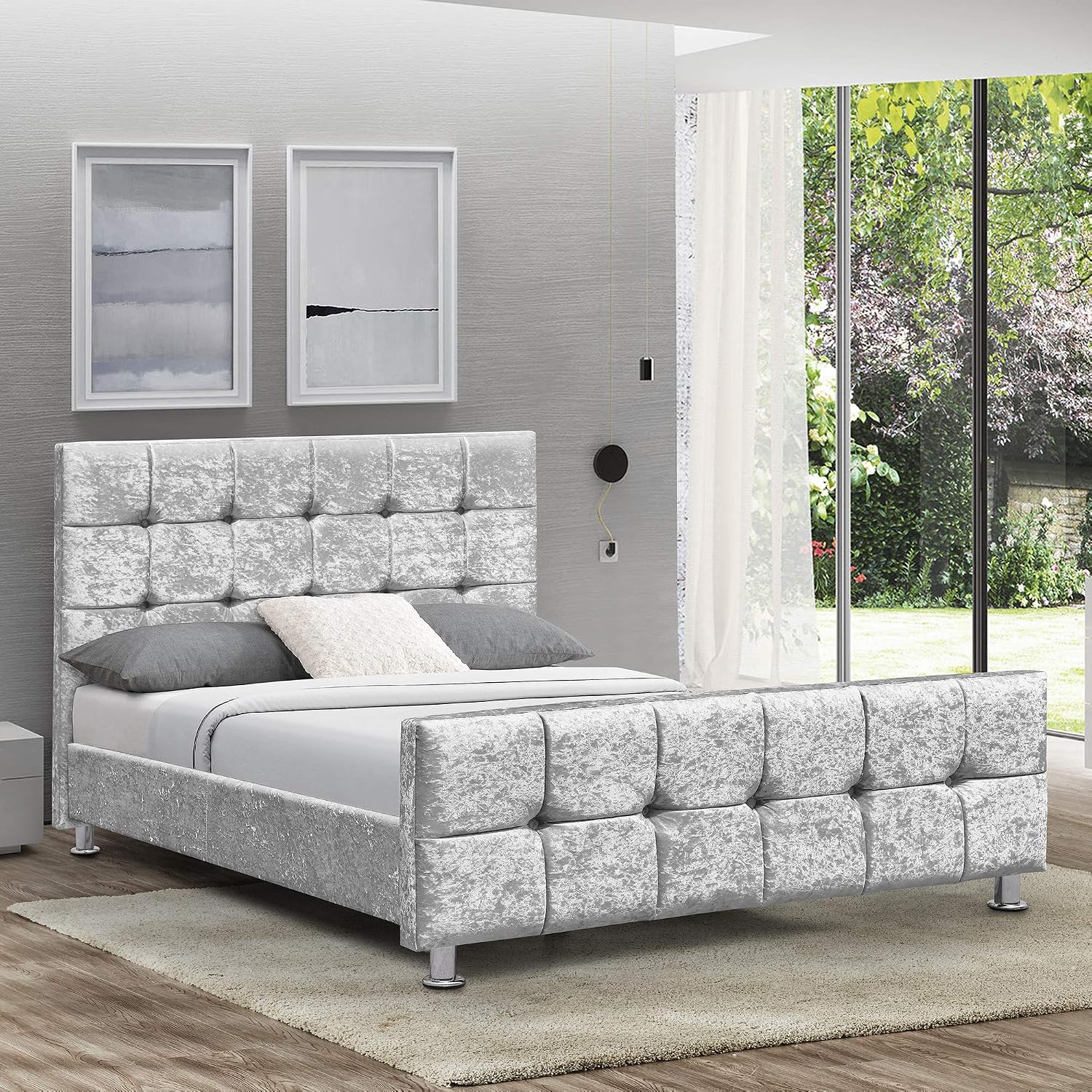 Vida Designs Valentina Double Bed, 4 Ft 6 Bed Frame Upholstered Fabric Headboard Bedroom Furniture, Crushed Velvet Silver