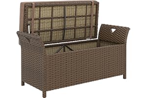 Outsunny 2-In-1 Patio Wicker Storage Bench, 29 Gallon Outdoor PE Rattan Patio Furniture, Large Capacity Rectangle Basket Box 
