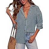 Fayenne Waffle Knit Button Down Shirts for Women Striped Long Sleeve Dressy Casual Tops Oversized Blouses Fall Outfits Blue/Brown