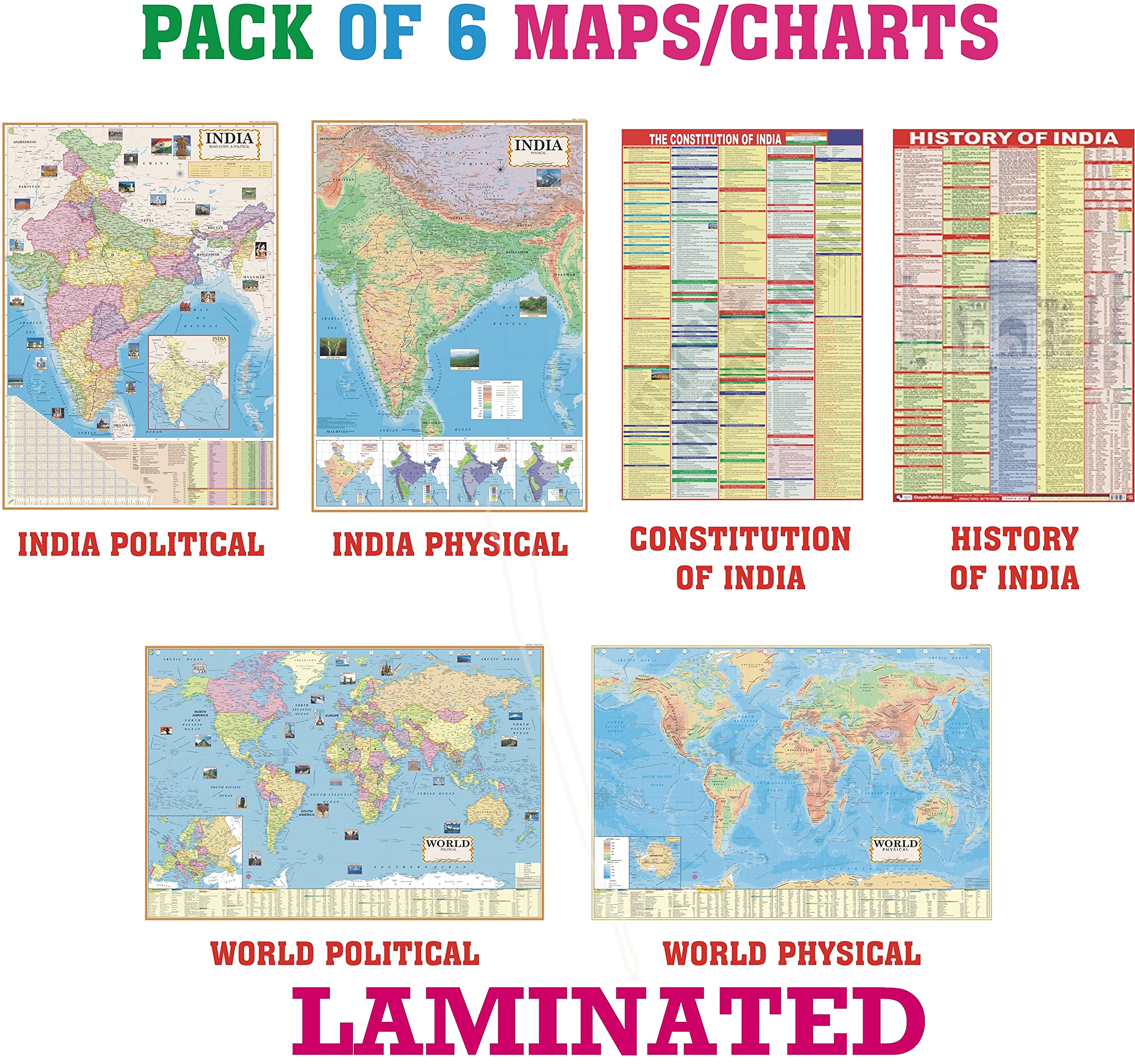 India & World Map ( Both Political & Physical ) with Indian Constitution and Indian History Chart – LAMINATED | Set Of 6 | Use For Preparation Of UPSC , SSC , IES , etc Exams. India & World Map ( Both Political & Physical ) with Indian Constitution and Indian History Chart – LAMINATED | Set Of 6 | Use For Preparation Of UPSC , SSC , IES , etc Exams.