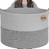 INDRESSME 115L Extra Large Blanket Basket, Cotton Rope Basket for Nursery Living Room, Decorative Woven Storage Baskets with Handles for Dirty Clothes, Toy Bin For Dog Toys, Grey