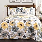 Lush Decor Leah Reversible Floral Quilt Set, 3 Piece Set, Full/ Queen, Yellow & Gray - Watercolor Botanical - Cottage Core - French Country Decor- Bedding Queen Size