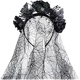 Flyouthe Black Gothic Veil Headband for Women Girls, Butterfly Flower Crown Headband with Spider Web Veil, Costume Hair Accessories for Halloween Party, Cosplay and Photoshoot