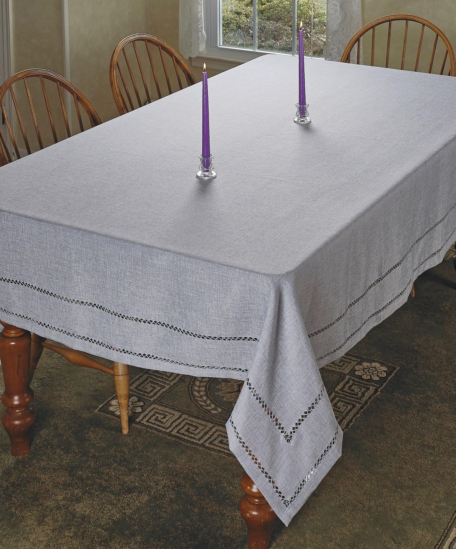 Hem Stitch Embroidered Vintage Design Tablecloth Gray 68" by 120" Oblong/Rectangle
