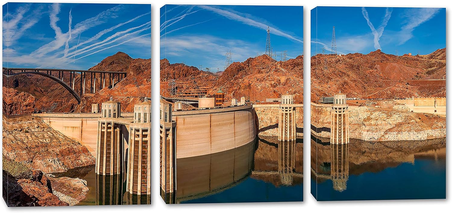 48 x 24 - Hoover Dam Canvas Print Wall Art 3 Panel Split, Triptych. USA Landmark Home Decor, Interior Design