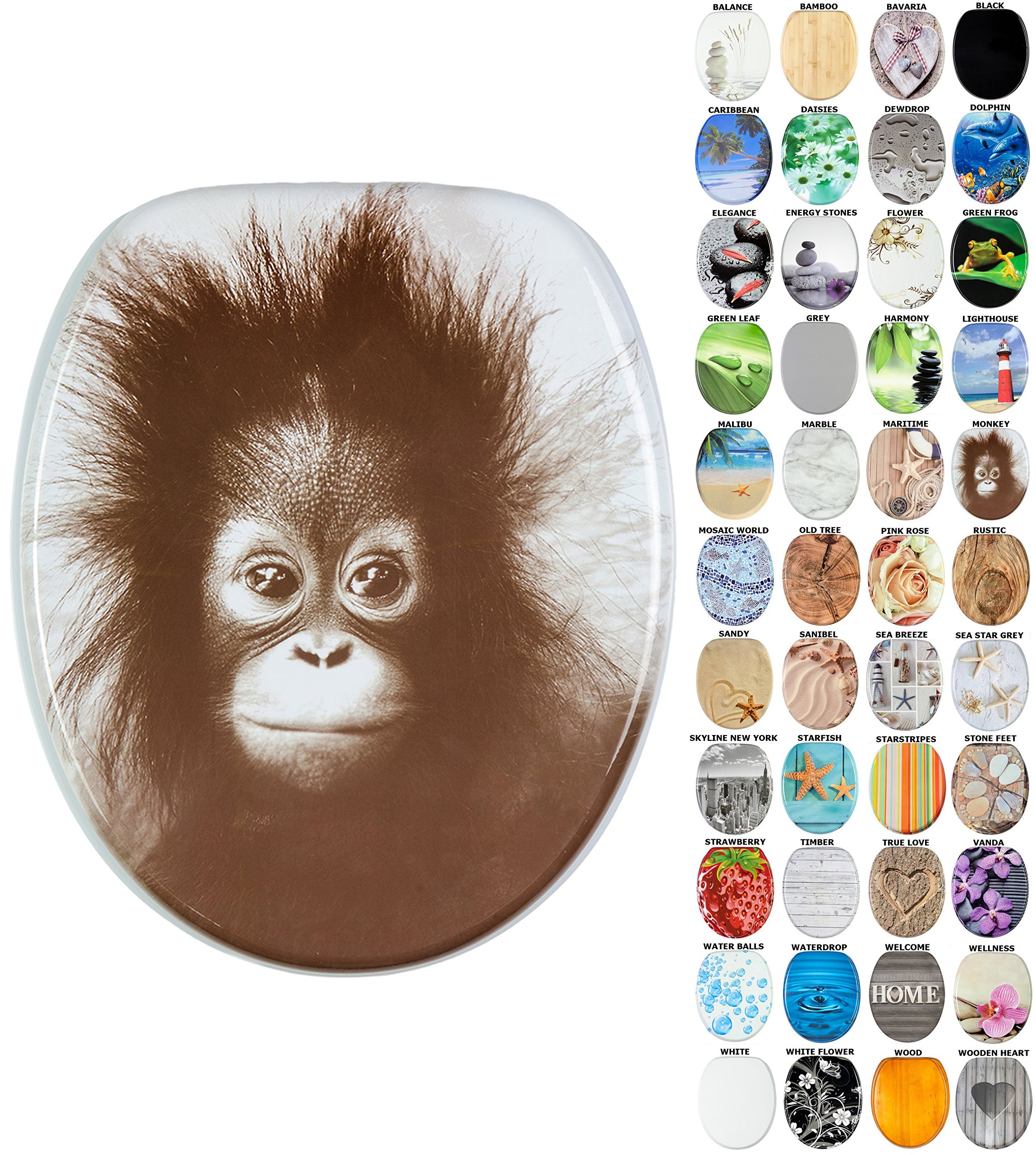 Sanilo Soft Close Toilet Seat, Wide Choice of New Toilet Seats, Stable Hinges, Easy to Mount (Monkey)