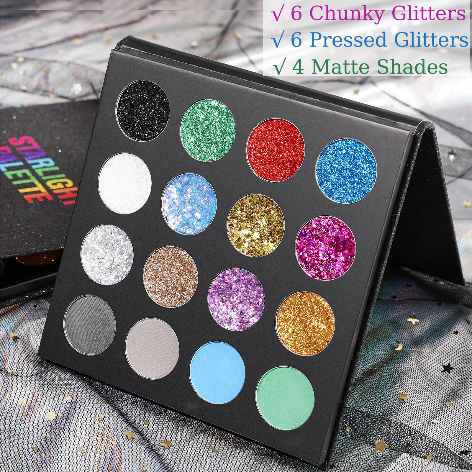 UCANBE Glitter Eyeshadow Makeup Palette - 12 Face Body Chunky & Fine Pressed Glitter + 4 Eye Shadow Powder Make Up Pallet for Theater Party Cosplay Halloween Christmas, Highly Pigmented Ultra Shimmer