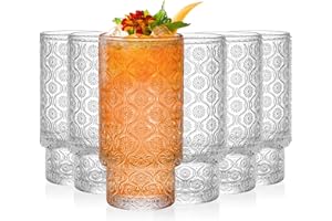 AVLA 6 Pack Vintage Drinking Glasses, 12 OZ Romantic Highball Glass Cup, Skinny Tall Cocktail Glass Tumbler, High Beverage Wa