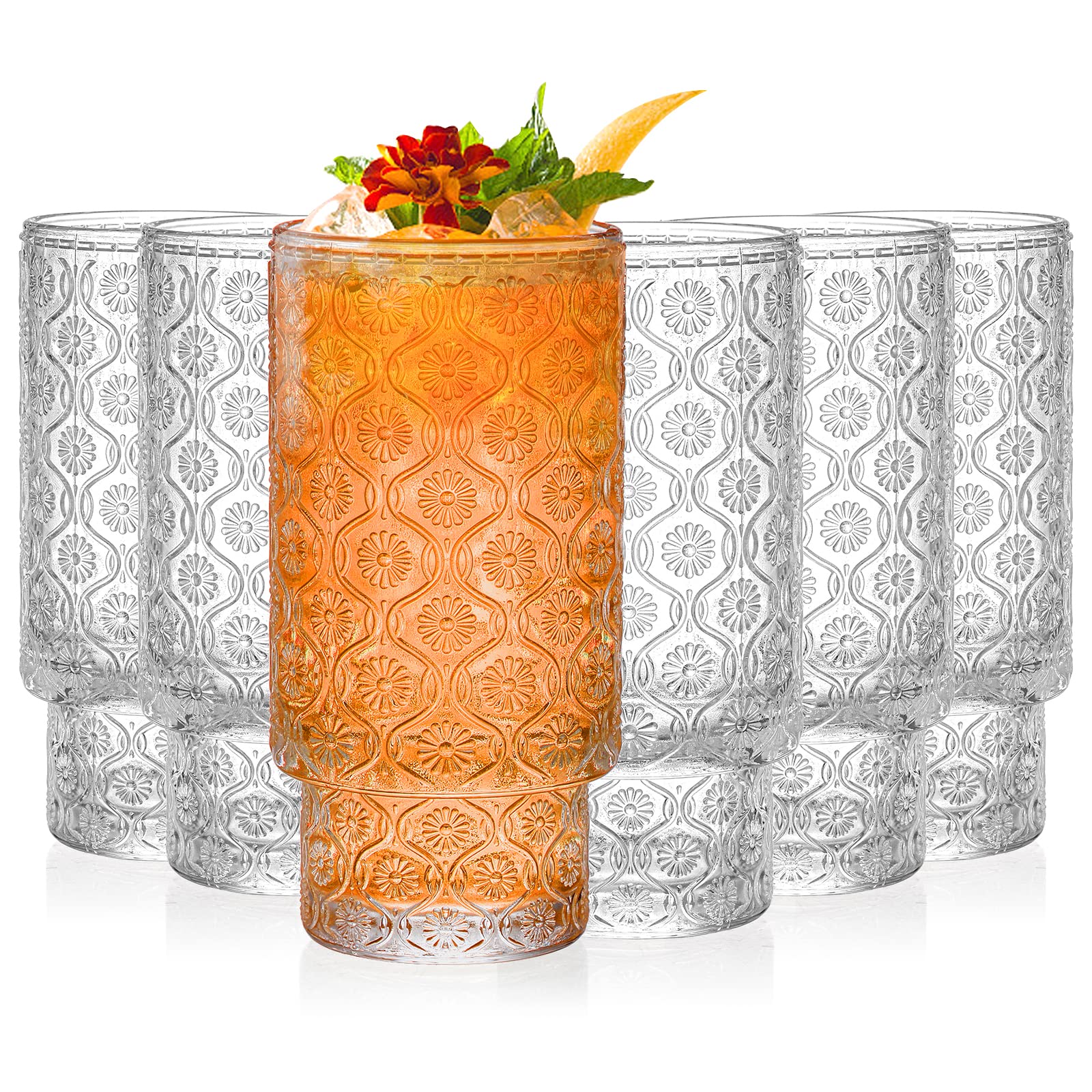 AVLA 6 Pack Vintage Tumblers 340ml 12oz Romantic Highball Glass Slim Tall Cocktail Glass Tall Drinks Water Glasses Tom Collins Bar Accessories for Mojito Juice Beer Lemonade