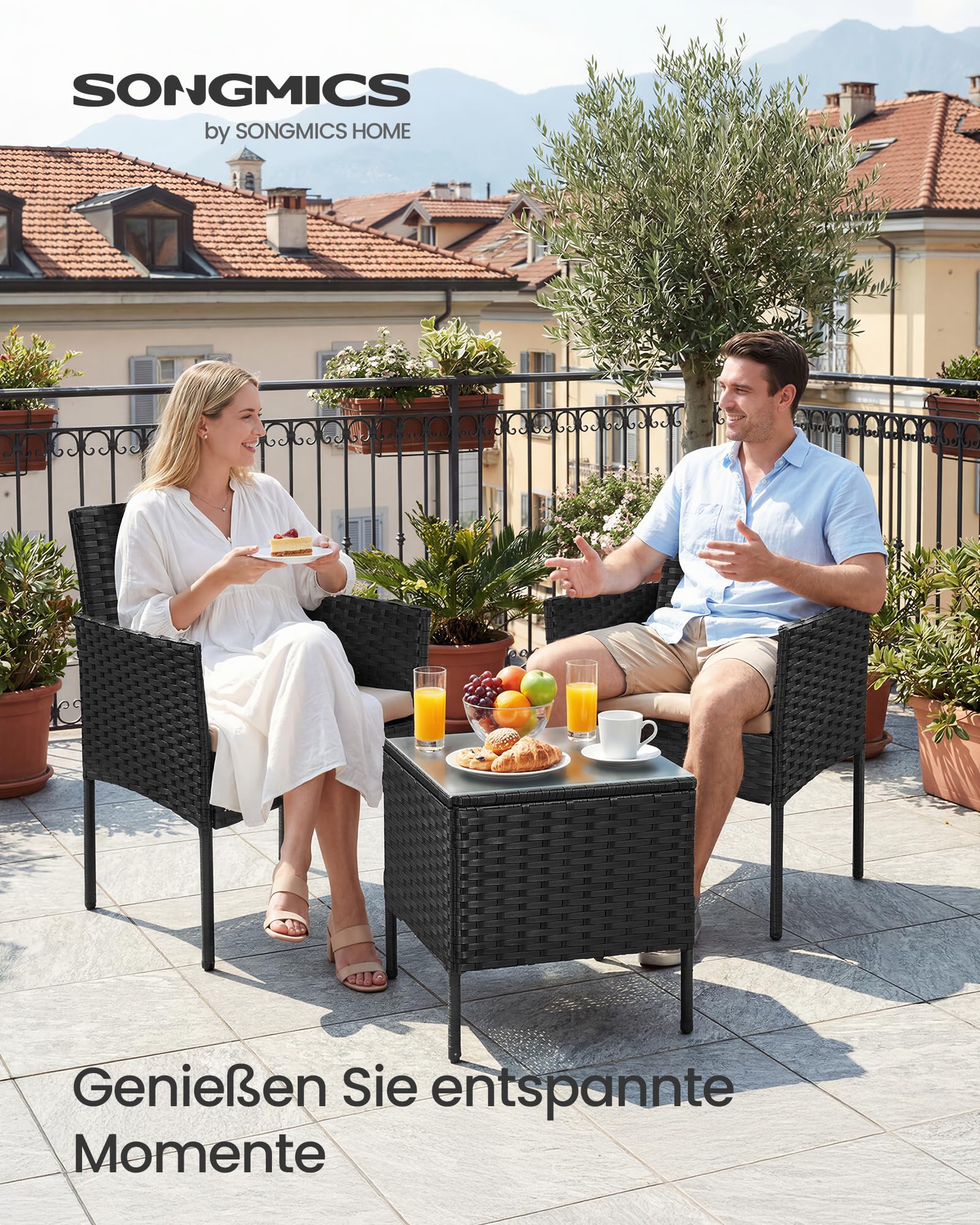 SONGMICS Balkonmöbel, Gartenmöbel-Set, aus PE-Polyrattan, Lounge-Set, Tisch und 2 Stühle, Terrassenmöbel, Outdoor, für Terrasse, Balkon, Garten, schwarz-Taupe GGF003B01 2