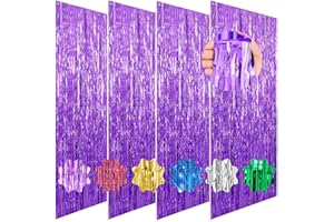 Purple Tinsel Backdrop, 4 Pcs 3.3x6.6 Ft Party Streamers Photobooth Backdrops, Metallic Foil Fringe Curtain for Girl Birthday