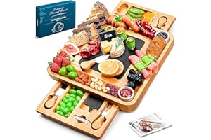 Easoger Charcuterie Boards, Large Bamboo Cheese Board, Appetizer & Cheese Platter with 2 Drawers, Serving Knife, 2 Ceramic Bowl - Unique Thanksgiving Gift, Housewarming Gift, Wedding Gift, Bridal Gift