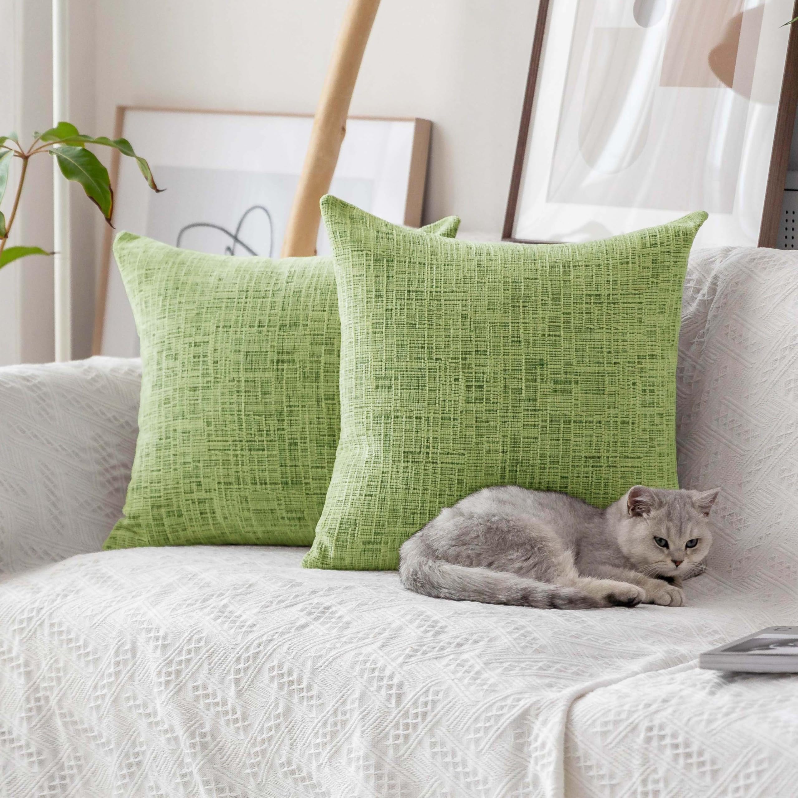 Home Brilliant Bright Green Cushion Covers 45cm x 45cm Set of 2, Luxury Chenille Cushions 18x18 with Invisible Zipper for Sofa Bed Couch Living Room, 18 inch, Green Apple