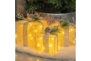 Hourleey Set of 3 Christmas Lighted Gift Boxes, Pre-lit 60 LED Light Up Present Boxes Ornament Outdoor Warm White Tinsel Boxe