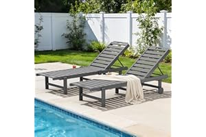SERWALL Pool Lounge Chairs Set of 2, 78" Long HDPE Outdoor Chaise Lounge with Cup Holder, 5 Positions Adjustable Patio Lounge Chair with Rolling Wheels for Poolside, Deck, Sunbathing, Grey