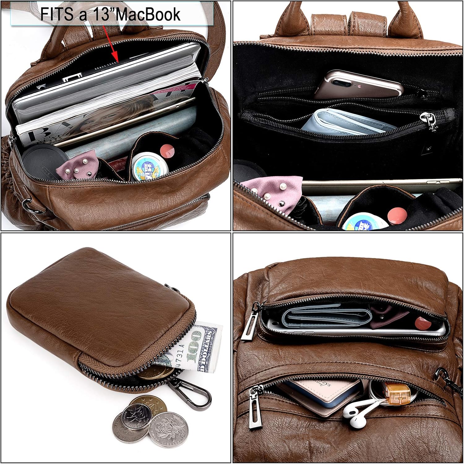 UTO Travel Backpack Women Mother Mum Laptop Rucksack School Bag for Teenage Girls Multi Zipper Pocket with Detachable Pouch PU Leather Brown - Image 4