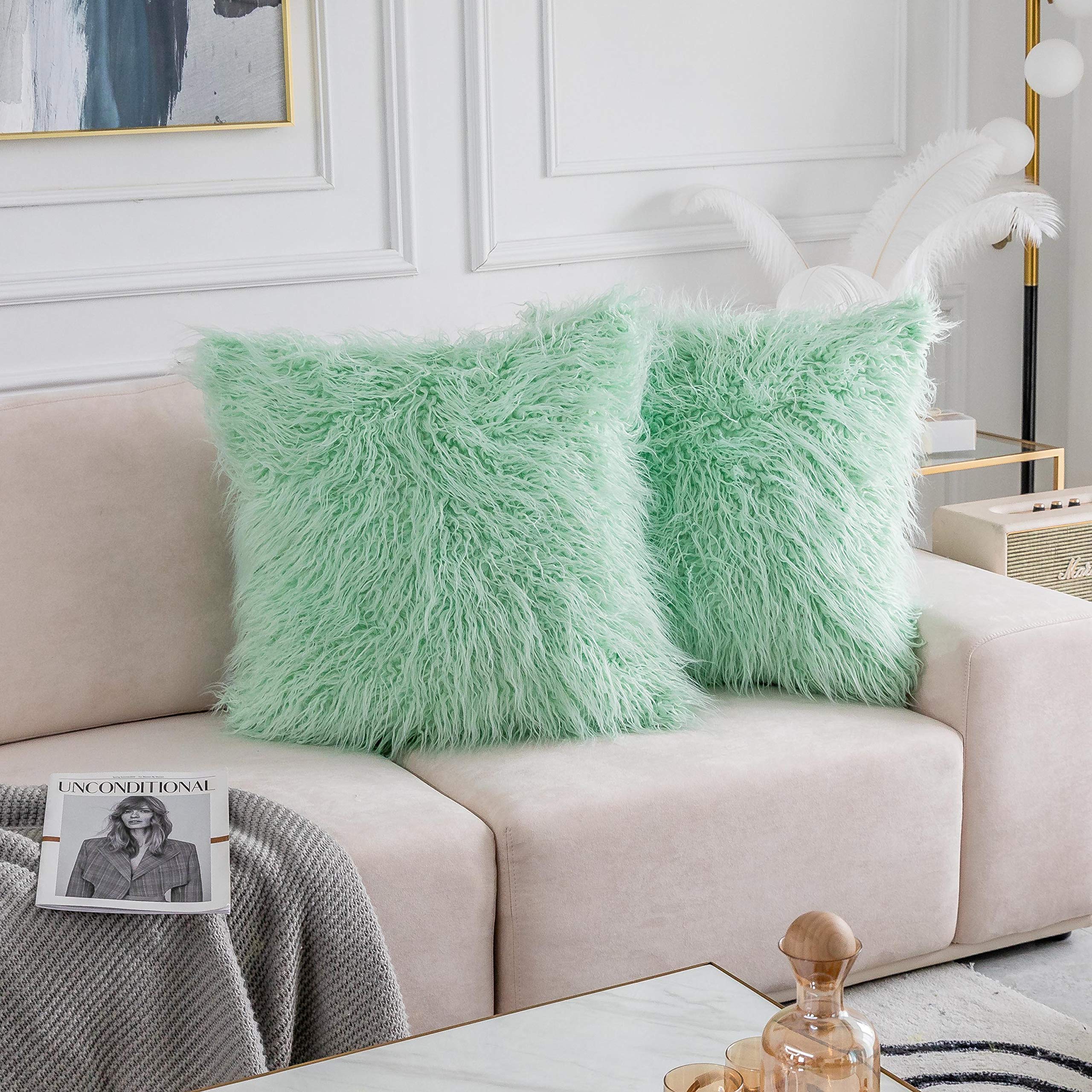 Home Brilliant Faux Fur Cushion Covers 20 x 20 Inch, Set of 2 Decorative Fluffy Pillow Cases for Sofa Couch Bed Living Room Spring Decor, Mint Cushion Cover, (50 x 50 cm, Teal)