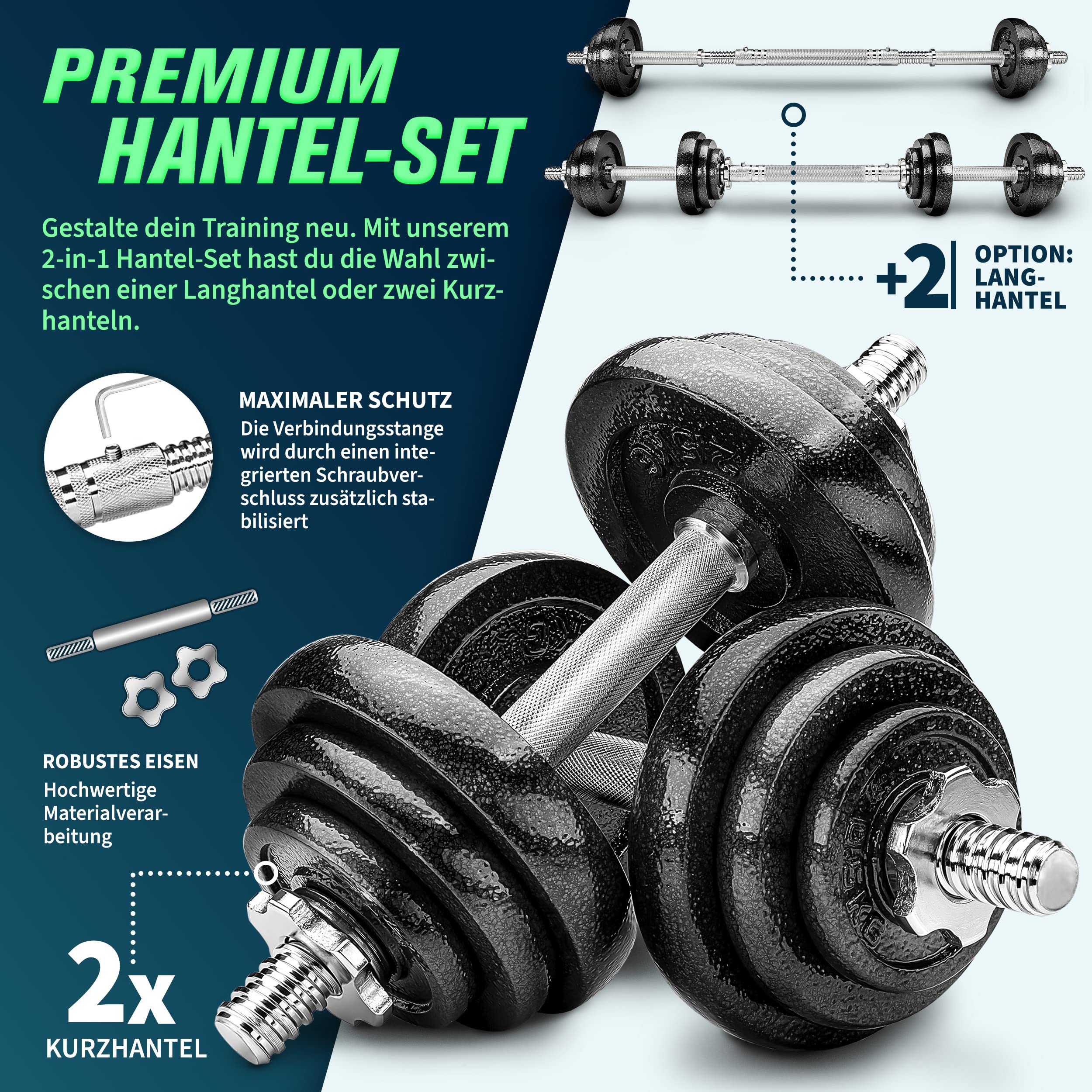 RE:SPORT 2 in 1 Hanteln Set 30kg | Hantelset Gusseisen verstellbar | Kurzhantel & Langhantel | Sternverschlüsse & Verbindungsrohr 2