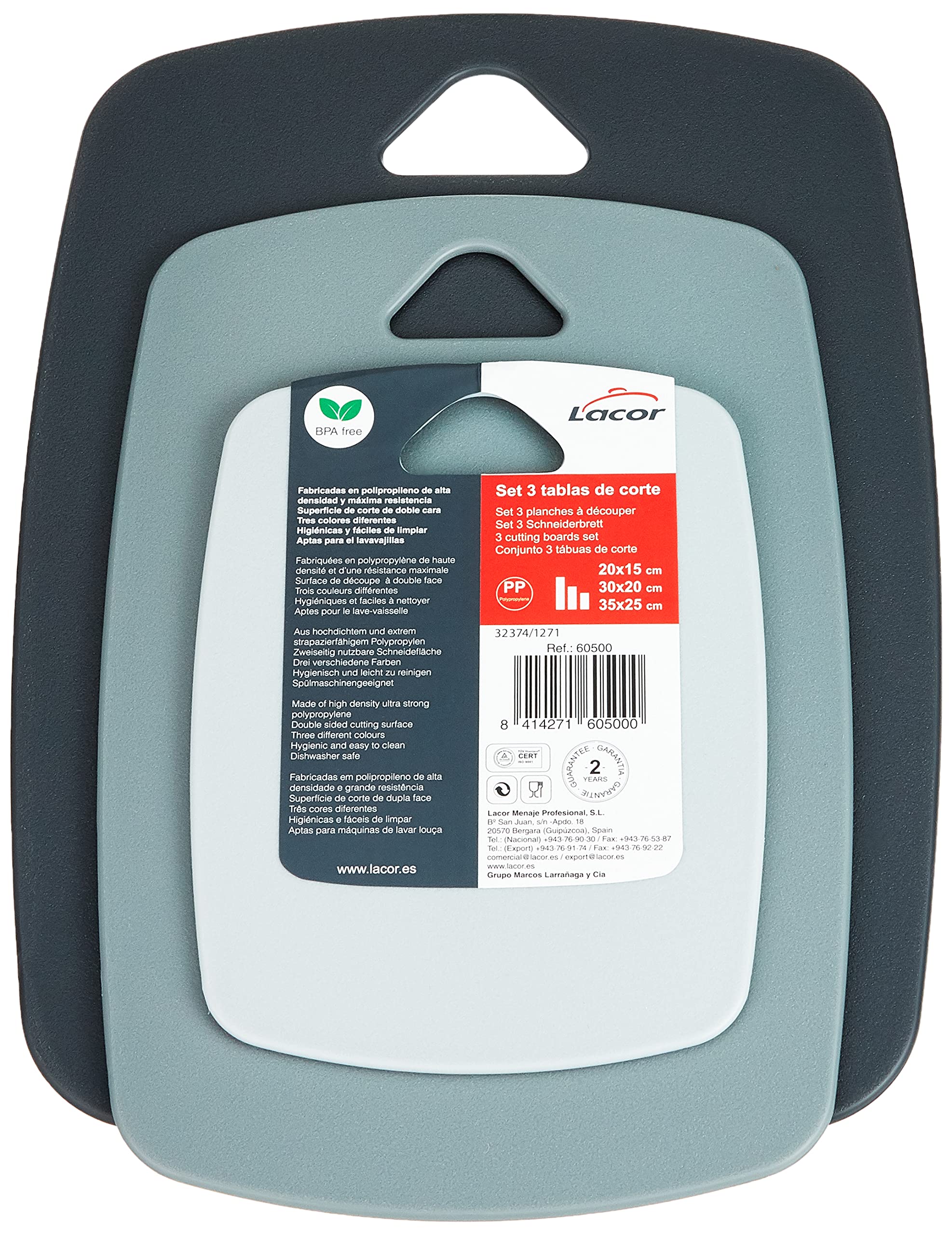 Lacor 60500 Set of 3 Double Sided Cutting Boards, Polypropylene, BPA Free, Plastic, 3600 W, 1 Liter, Multi-Colour